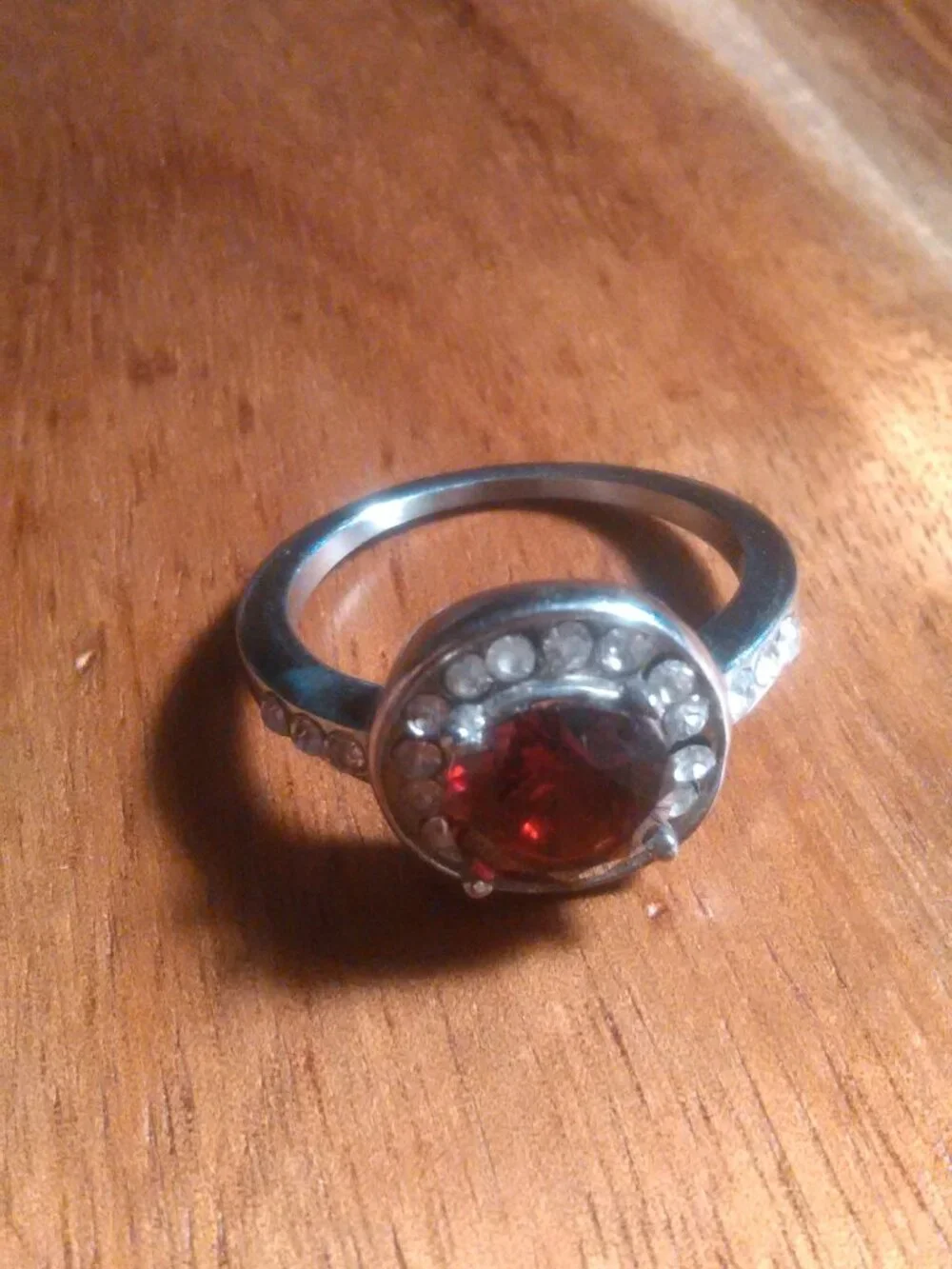 Simulated Ruby and White Crystal Silvertone Ring (Size 9.75)